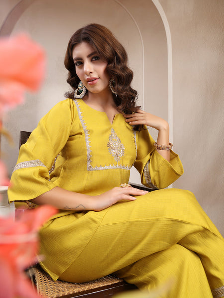 Indibelle Golden Mustard Silk Blend Hand Work Co-ord set
