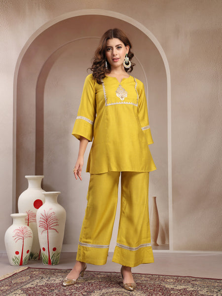 Indibelle Golden Mustard Silk Blend Hand Work Co-ord set