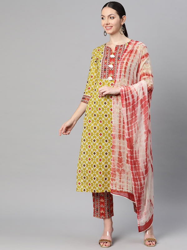 Indibelle Cotton Teal Brown Floral Print Kurta Pant With Dupatta (Teal)