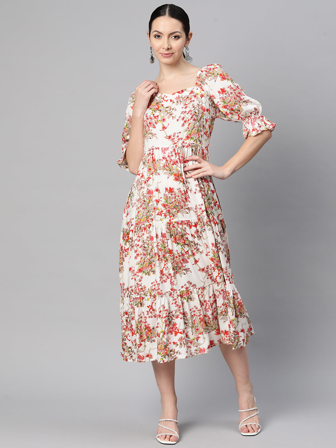 Indibelle Rayon White Floral Print Dress