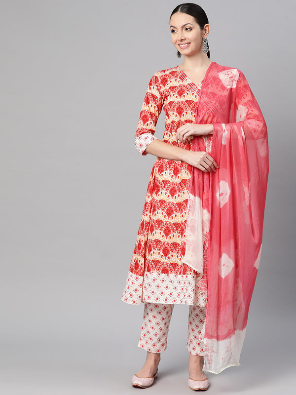 Indibelle Cotton Floral print A-Line Kurta Pant With Dupatta (Peach)