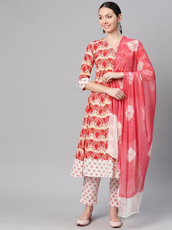 Indibelle Cotton Floral print A-Line Kurta Set (Peach)