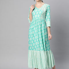 Indibelle Rayon Teal Floral Print Flared Dress