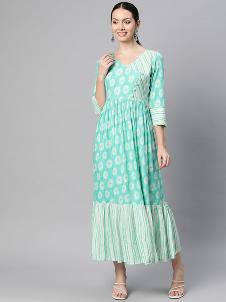 Indibelle Rayon Teal Floral Print Flared Dress