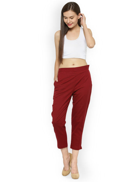 Indibelle Cotton Solid Maroon Trousers