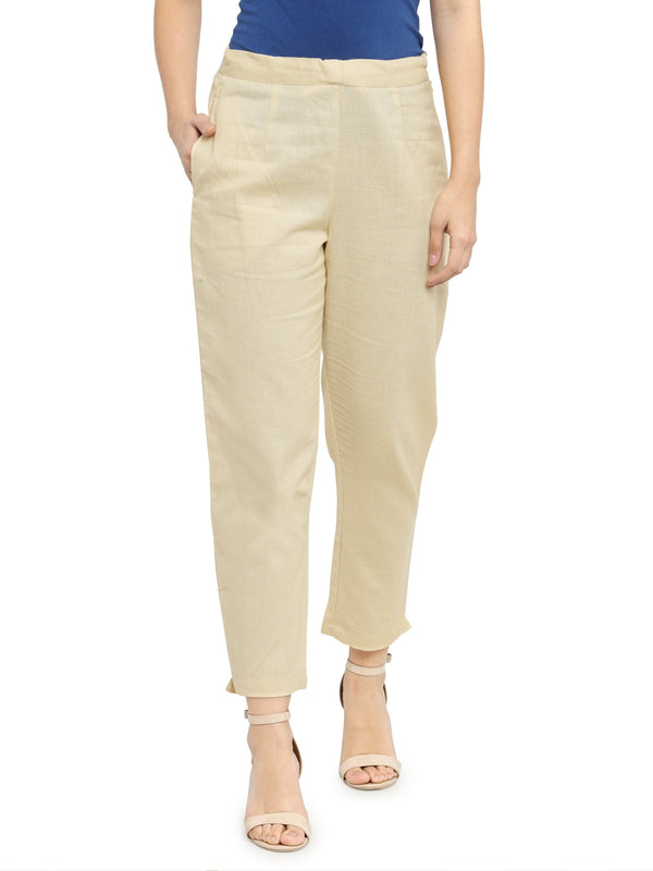 Indibelle Cotton Solid Cream Trousers