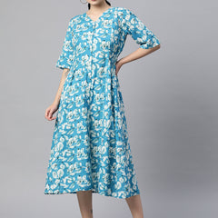 Indibelle Cotton Floral Print Button A-Line Dress (Sky Blue)