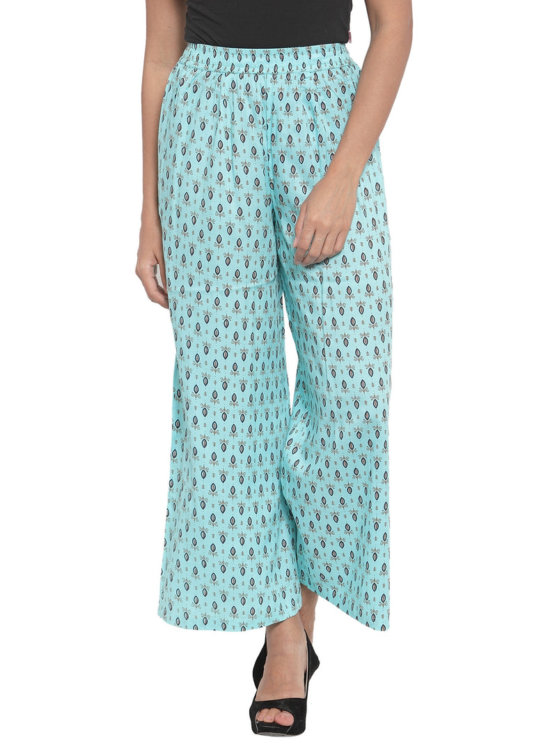 Indibelle Cotton Ethnic Booti Printed Trousers (Sky Blue)