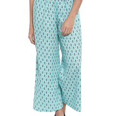 Indibelle Cotton Ethnic Booti Printed Trousers (Sky Blue)
