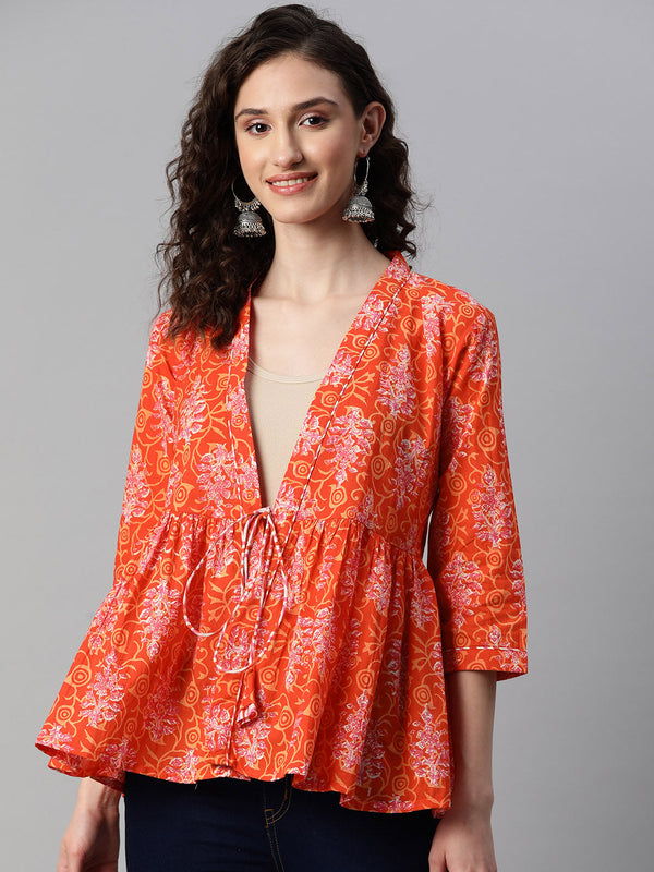 Indibelle Cotton Orange Floral Print Shrug/Cape