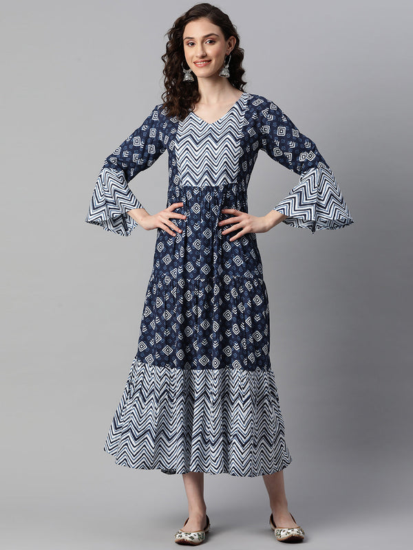 Indibelle Rayon Blue Indigo Abstract Print Flared Dress