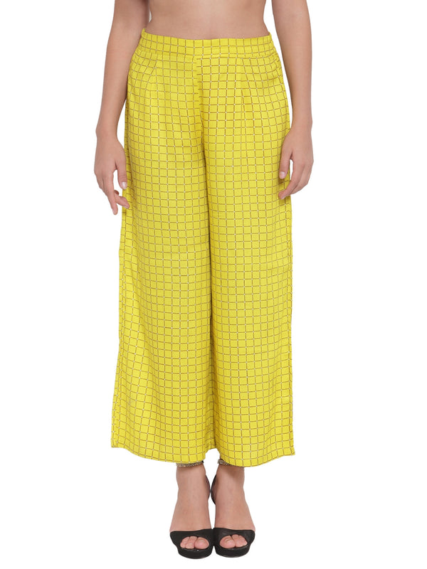 Indibelle Rayon Checked Print Plazzo Pants (Yellow)