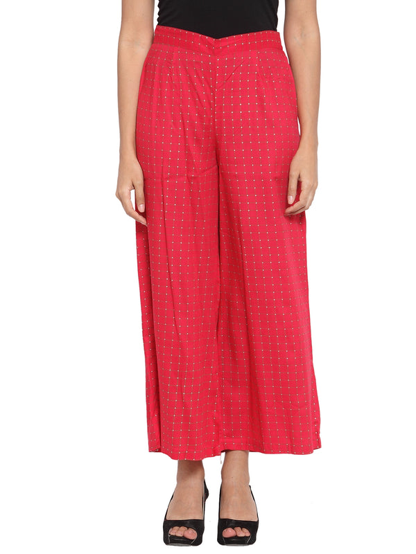 Indibelle Rayon Checked Print Plazzo Pants (Red)