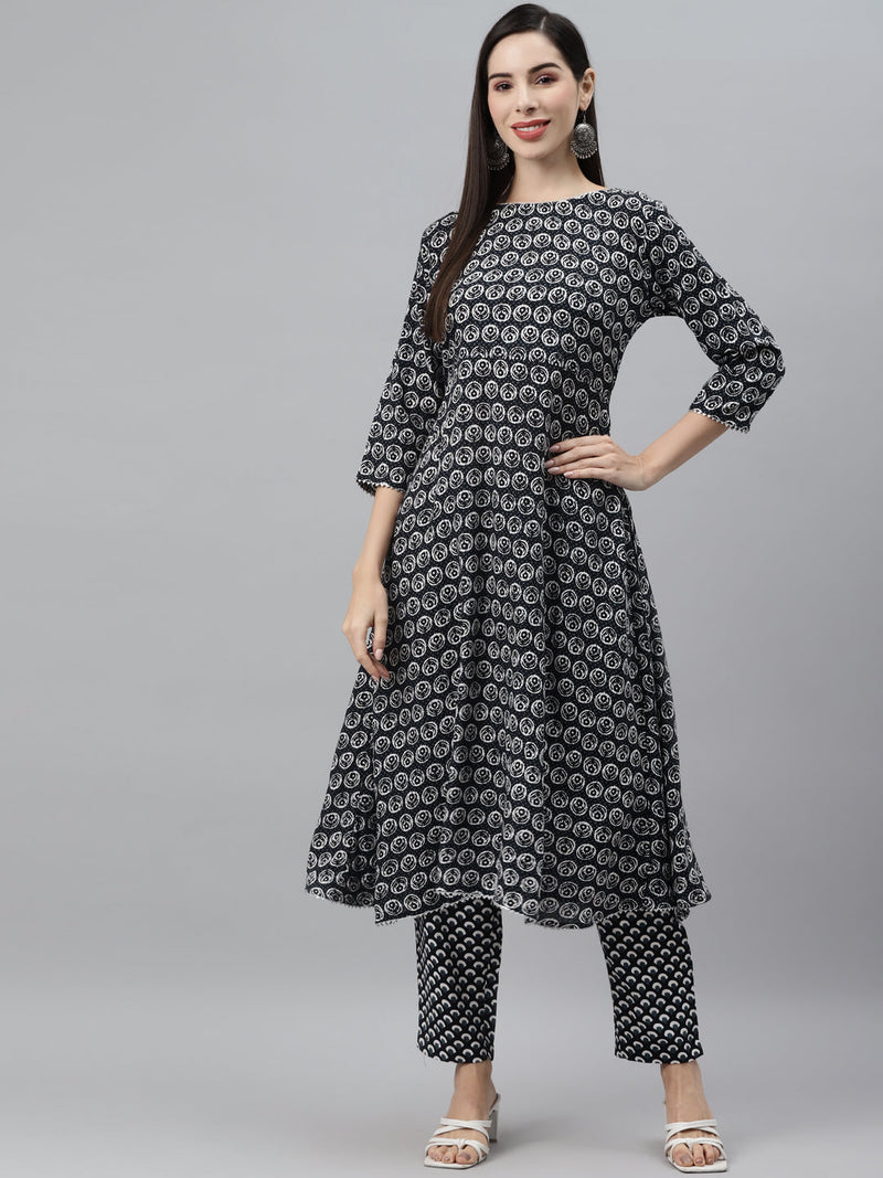 Indibelle Cotton Calf Length Floral Print A-Line Kurta set (Black)