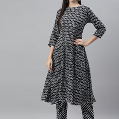 Indibelle Cotton Calf Length Floral Print A-Line Kurta set (Black)