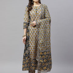 Indibelle Cotton Floral Print A-Line Kurta set (Beige)