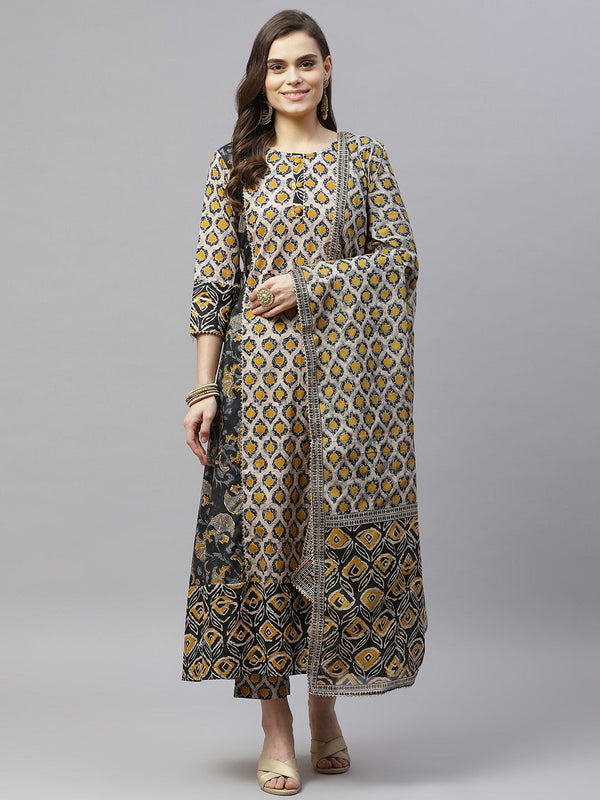 Indibelle Cotton Floral Print A-Line Kurta set (Beige)