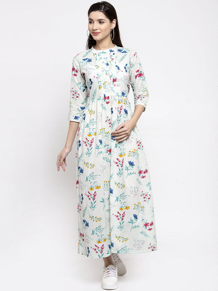 Indibelle cotton Light Green floral print yoke pin tacks A-line Kurta