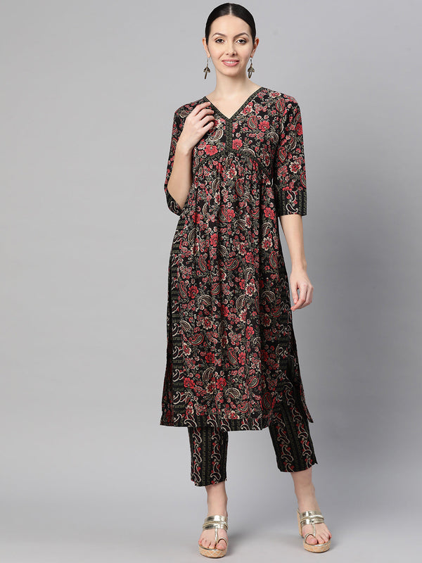 Indibelle Cotton Black Floral Paisley print Nayra Cut Kurta Set