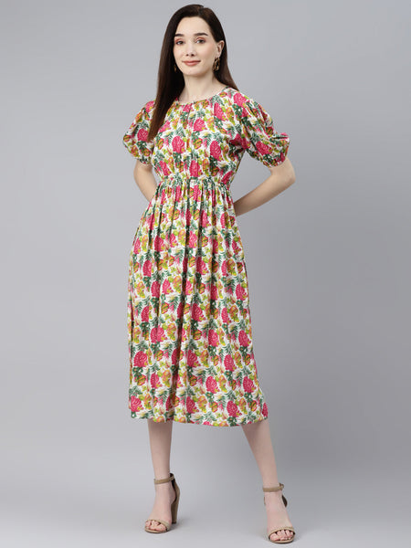 Indibelle Rayon Pink Tropical Print Flared Dress