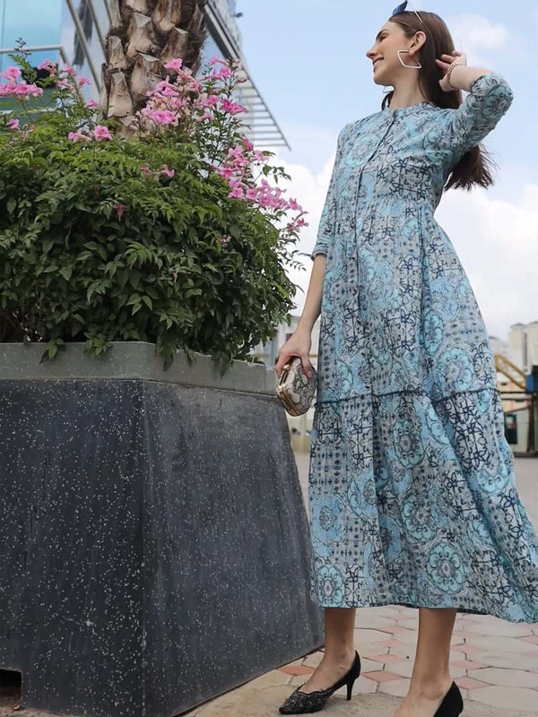 Indibelle Cotton Floral Print Fit and Flared Dress (Blue)