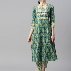 Indibelle Cotton Contrast Yolk Floral Print Kurta (Green)