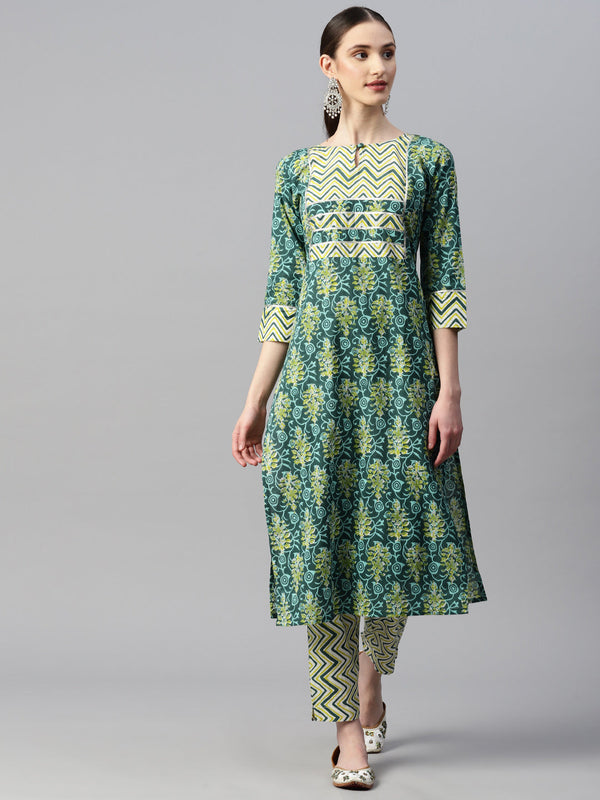 Indibelle Cotton Contrast Yolk Floral Print Kurta (Green)