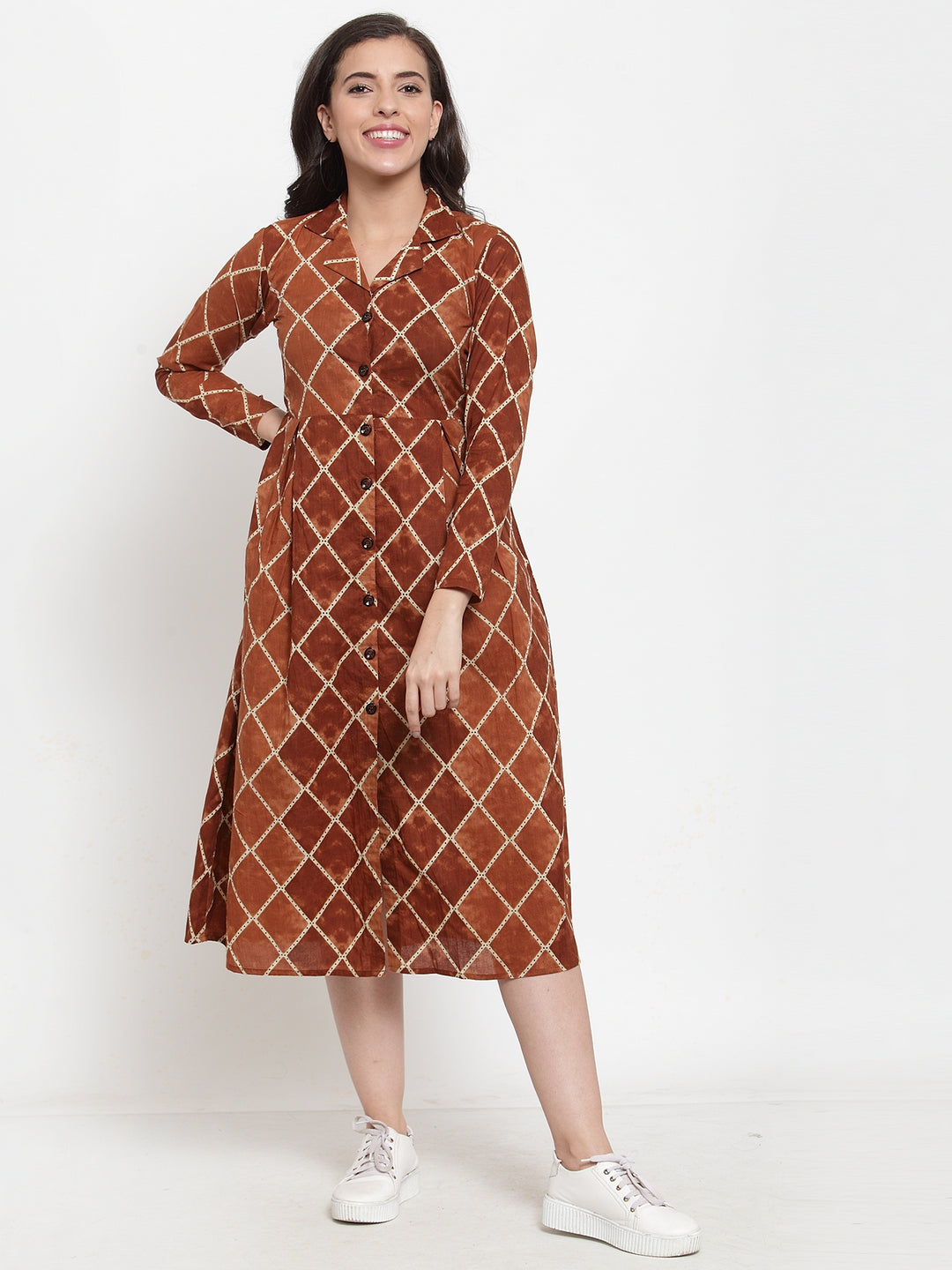 Indibelle Cotton Brown Geometric Print A-Line Dress