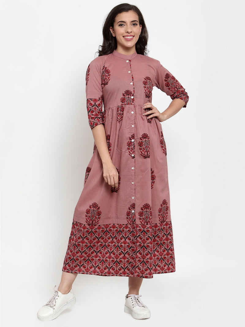 Indibelle cotton Block print A-Line Dress (Purple)