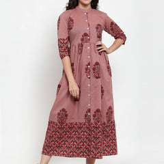 Indibelle cotton Block print A-Line Dress (Purple)
