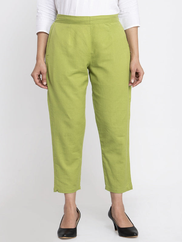 Indibelle Cotton Solid Green Trousers