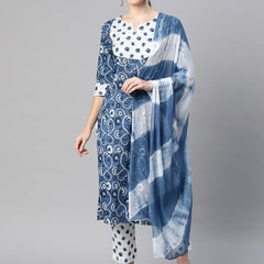 Indibelle Cotton Floral Print Straight Kurta Set (Blue)