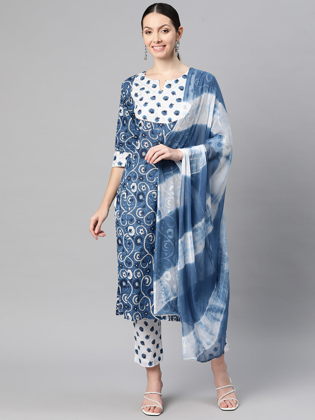 Indibelle Cotton Floral Print Straight Kurta Set (Blue)