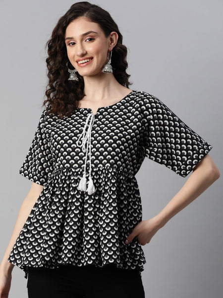 Indibelle Printed Black Peplum Top 