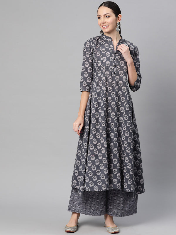 Indibelle Cotton Grey Floral Print A-Line Kurta Set