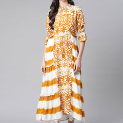 Indibelle Rayon Mustard Floral Print A-Line Kurta