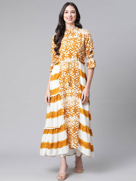 Indibelle Rayon Mustard Floral Print A-Line Kurta