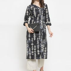 Indibelle black cotton abstract print straight kurta 