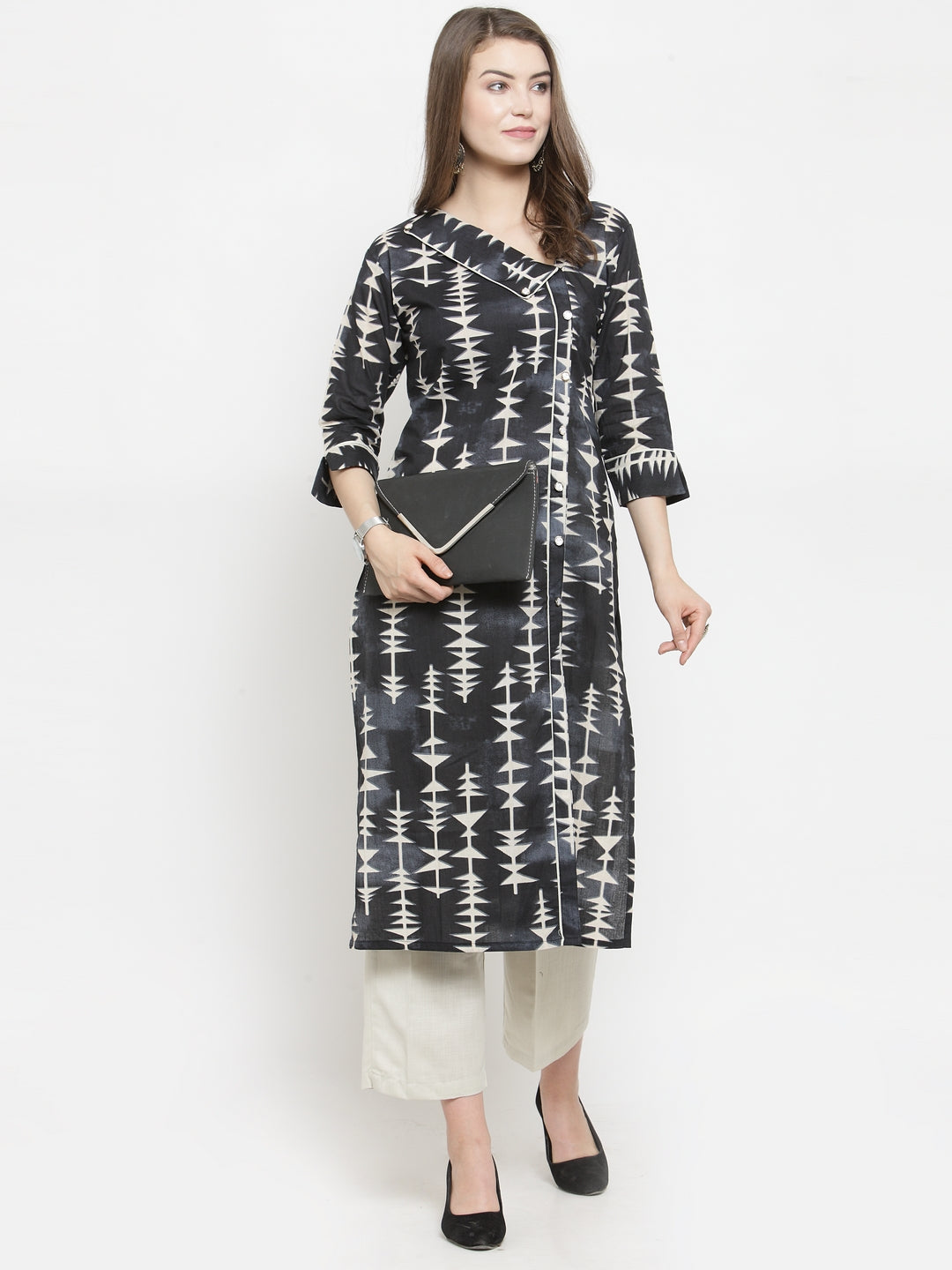 Indibelle black cotton abstract print straight kurta 