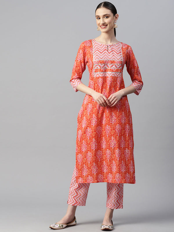 Indibelle Cotton Orange Floral Print Kurta set