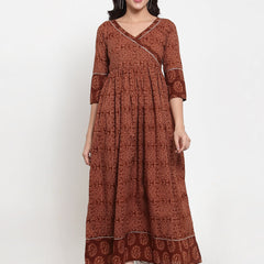 Indibelle Cotton Brown Floral Print A-Line Dress