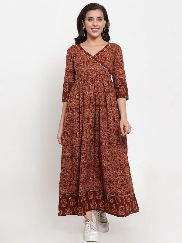 Indibelle Cotton Brown Floral Print A-Line Dress