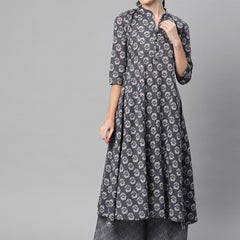 Indibelle Cotton Grey Floral Print A-Line Kurta 