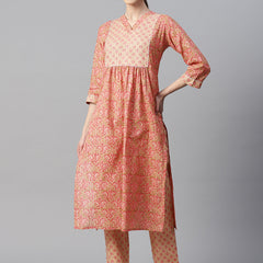 Indibelle Cotton Lurex Peach Pink Floral Print Kurta