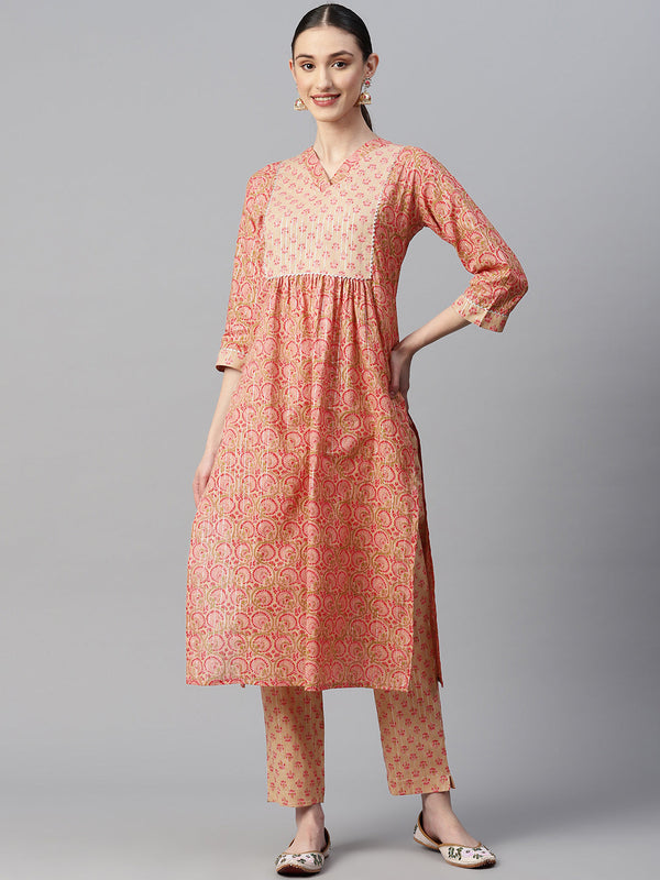 Indibelle Cotton Lurex Peach Pink Floral Print Kurta