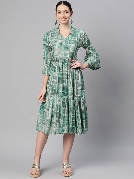 Indibelle Rayon Teal Abstract Print Dress
