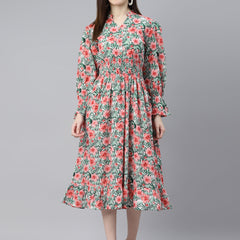 Indibelle Cotton White Tropical Print A-Line Dress