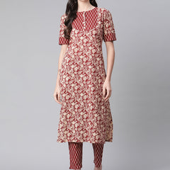 Indibelle Cotton Maroon Floral Print Straight Kurta