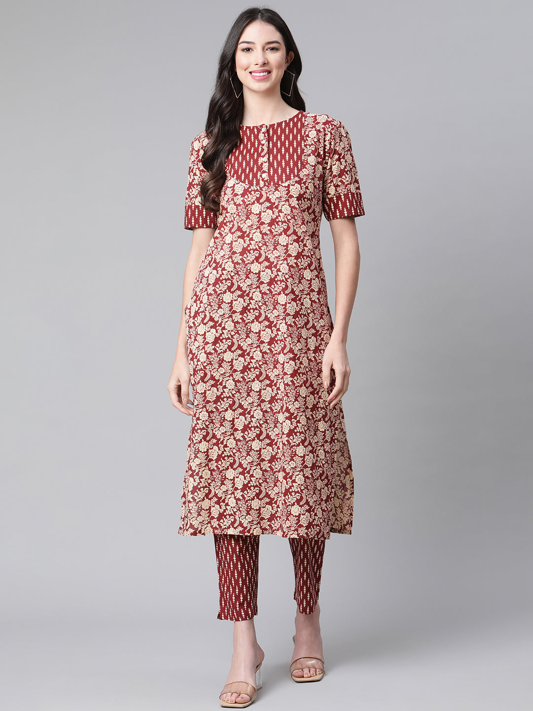 Indibelle Cotton Maroon Floral Print Straight Kurta