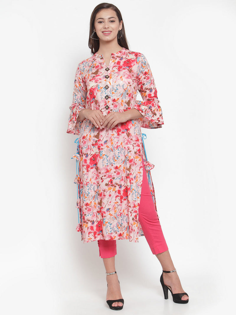 Indibelle Women Pink Rayon Slub Abstract Print Straight Kurta